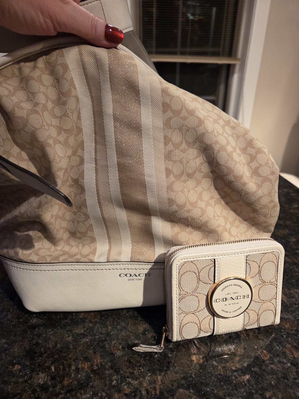 Coach New York Beige And Cream Signature Bag And Wallet Set